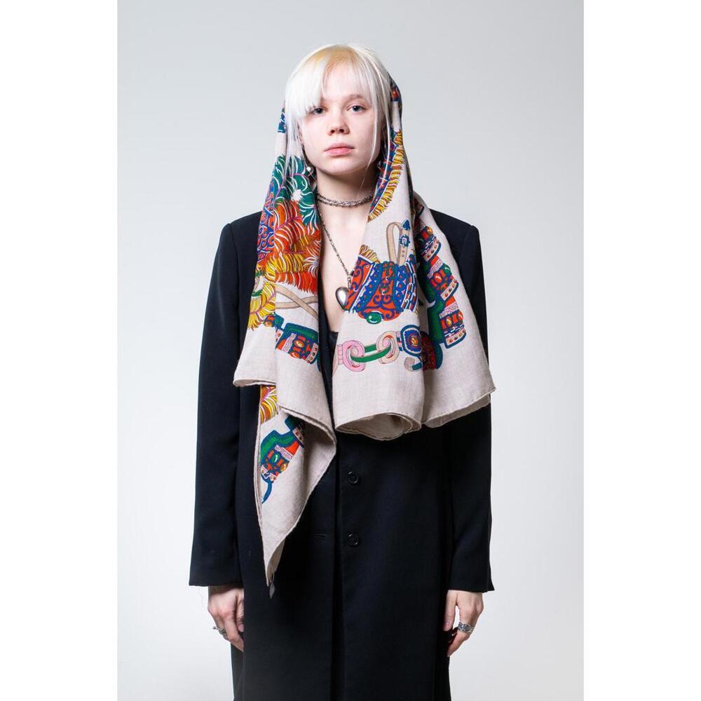 Hermès Sous L'Egide de Mars Cashmere Silk Shawl Scarf